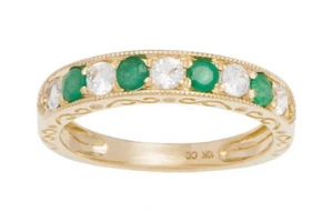 10k Yellow Gold Vintage Style Genuine Emerald Wedding Anniversary Band - Picture 1 of 5