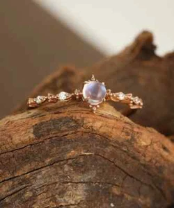 14K Rose Gold Plated Silver Natural Moonstone Victorian Dainty Engagement Ring - Picture 1 of 5