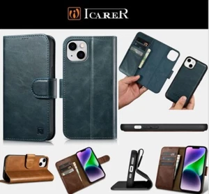iPhone 14 abnehmbare magnetische Geldbörse aus echtem Leder von Icarer blau - Bild 1 von 16