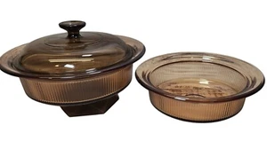 Amber Pyrex 3 pc set casserole dish with lid Visons ware VTG amber glass baking - Picture 1 of 12