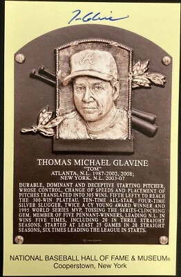 Tom Glavine Signed Gold HOF Plaque Postcard Yellow Atlanta Braves Baseball JSA - Image 1 of 3