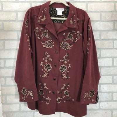 Victor Costa Ocasión Blusa Chaqueta 2XL Borgoña Floral Bordado Gamuza Como Foto 1 de 4