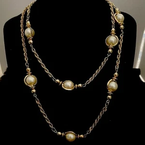 Caged Faux Pearl Necklace Gold Tone Twisted Rope Chain Link 32" Opera Layered - Picture 1 of 8