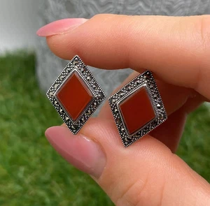 Pendientes de piedras preciosas de cornalina y marcasita naturales, plata de ley 925 - Imagen 1 de 3