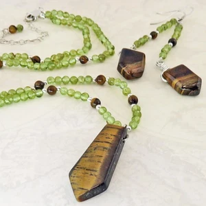 Outstanding Peridot & Tiger's Eye Beaded Necklace & Earring Set By SoniaMcD - Picture 1 of 15