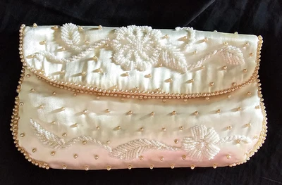 Vintage Sharonee White Beaded Pearls Ivory Evening Bag Clutch Wedding 9"x5.5" - Image 1 of 4