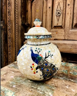 HANDMADE 15'' white Marble Flower pot Vase matka with lid inlay mop malachite home decor