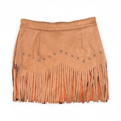 Faux Suede Fringe Mini Skirt Sz Medium Studded Detail Western Boho Chic Brown - Image 1 of 4