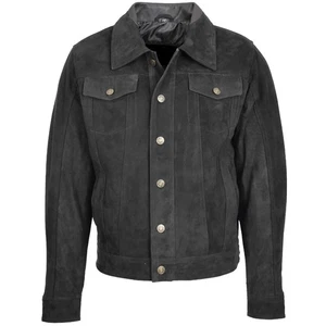 Men's 100% Real Suede Leather Trucker Jacket Denim Jeans Style Black Biker - Picture 1 of 5