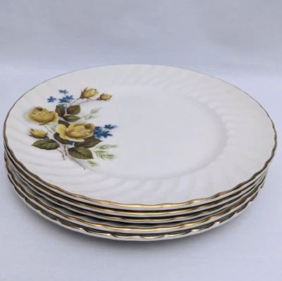 Juego de 5 platos de cena Ridgway favoritos rosa amarillo floral borde remolino piedra de hierro Foto 1 de 4