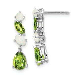 14K Solid White Gold Peridot Opal Dangle Earrings - Picture 1 of 1
