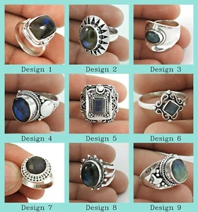 Birthday Gift Natural Labradorite Stone 925 Silver Trendy Elegant Rings Size 6.5 - Picture 1 of 23
