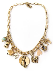Cat Theme Multi Charm Thick Necklace and Earrings Set Gold - Picture 1 of 7