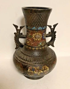 RARE OLD ORIENTAL ANTIQUE BRONZE CLOISONNE ENAMEL WORK DOUBLE HANDLED VASE CHINA - Picture 1 of 12