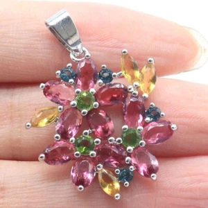 Multi Color Pink Tourmaline Golden Citrine Blue Topaz Females Silver Pendant - Picture 1 of 2