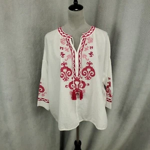 Chicos Oversized Boho Top Womens Large White Pink Embroidered Tasseled Tunic 2 - Picture 1 of 9