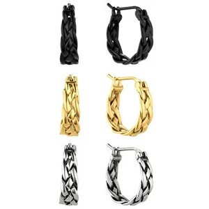 Stainless Steel Braided Small Hoop Huggie Earrings Thick Chunky For Men Women - Picture 1 of 14