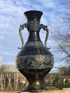 Stunning Korean Antique Carved 19 Century Bronze Vase Dragons RARE 9”