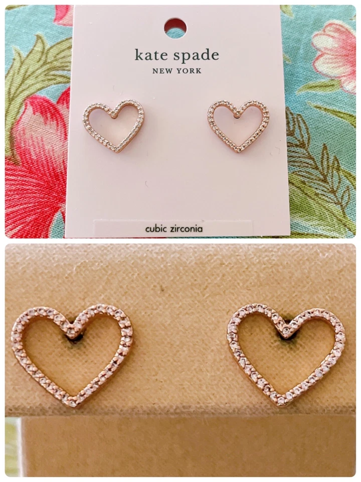 Kate Spade Pave Open Heart Stud Earrings Rose Gold Pouch Scrunched Scallops