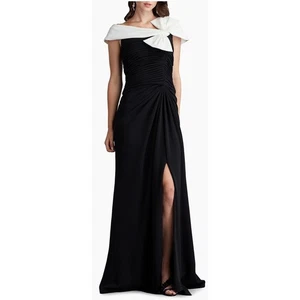 Vestido Tadashi Shoji Lazo Anudado y Crepé Reunido Blanco y Negro Talla Mediana Nuevo con Etiquetas - Imagen 1 de 11
