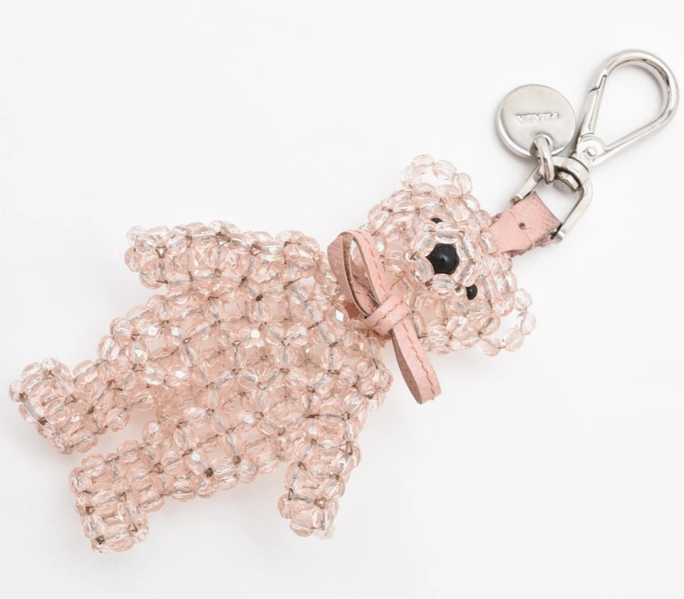 PRADA Key ring chain Bag Charm Pink Teddy Bear Crystal Beads Silver Logo Plate - Image 1 of 4