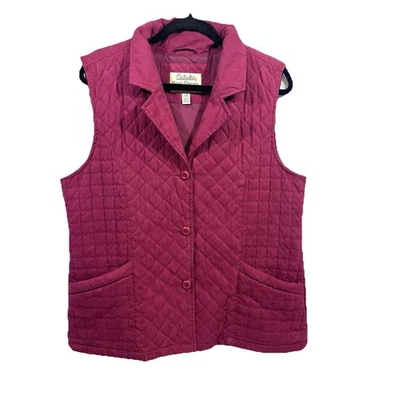 Women’s Cabelas Quilted Outdoor Vest Sz Large Button Up Suede Cranberry Wine - Image 1 of 4