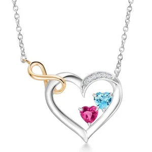 925 Sterling Silver and 10K Yellow Gold Swiss Blue Topaz Pink Created Sapphire - Picture 1 of 3