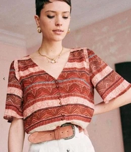 Sezane Cherry Blouse Silk Blend V-Neck Size 42 US 10 Medium Boho Indie - Picture 1 of 8