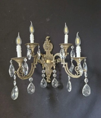 Vintage Antique Large of French Brass Crystal 4 Lights Sconce Wall Light - Image 1 of 4