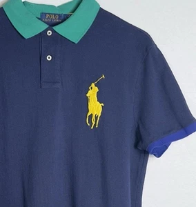 Polo Ralph Lauren Custom Slim Fit Polo Shirt Navy Multi Color Collar Logo Size L - Picture 1 of 9