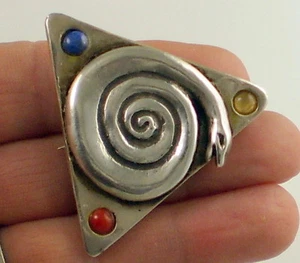Estate Sterling Silver Signed  MOZUR 1990 Snake & Stones Triagle Brooch - Picture 1 of 5