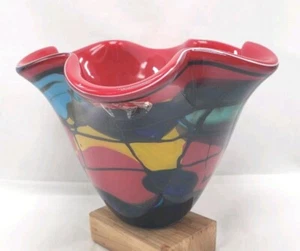 VINTAGE VIZ GLASS HAND BLOWN ART GLASS MURANO RED 5" HANDKERCHIEF VASE - Picture 1 of 23
