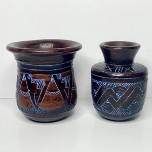 Etched Red Clay Small Vase Pair Terracotta Brazilian - Imagen 1 de 6