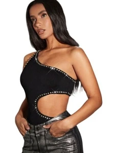 SHEIN BAE Women'S One Shoulder Cutout Rhinestone Bodycon Bodysuit - Size Large - Picture 1 of 7