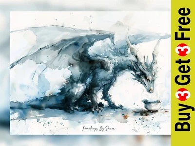 Причудливый антропоморфный дракон, акварельная живопись печать 5 x 7 дюймов на матовой бумаге - Изображение 1 из 4