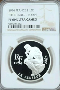 1996 FRANCE SILVER 1.5 EURO THE THINKER RODIN NGC PF 69 ULTRA CAMEO SCARCE - Picture 1 of 4