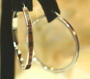40.5MM RHODIUM PLATED 925 STERLING SILVER INLAID HAWAIIAN KOA WOOD HOOP EARRINGS - Picture 1 of 12