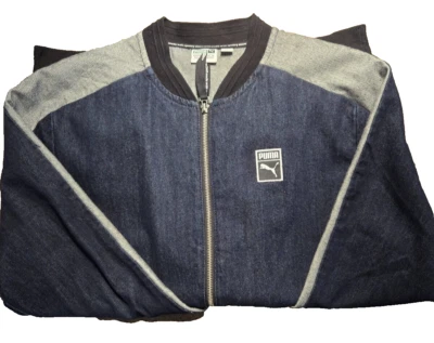 Puma Classic Navy Denim Jacket Gray Denim Panel Down Sleeves  Size M/M Stunning - Image 1 of 4