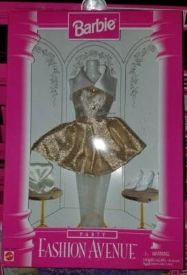 1996 Mattel Barbie Fashion Avenue Party Gold Sparkle Dress Outfit w/ Accessories - Image 1 of 3