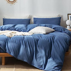MooMee Bedding Duvet Cover Set 100% Washed Cotton Linen Like Queen, True Navy 