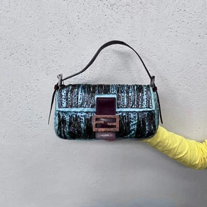 RARE☆☆☆☆☆☆FENDI Beads Embroidery Mamma Baguette PM Shoulder Bag Blue&Brown - Picture 1 of 12