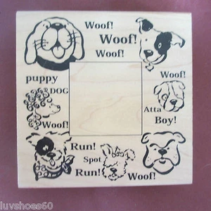 Estampilla de goma montada en madera con marco de perro cachorro 4 1/4" x 4 1/4" grande - Imagen 1 de 2