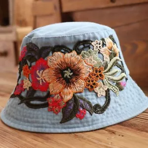 Cappello donna ricamato floreale denim secchiello stile retrò etnico casual cowgirl berretto - Foto 1 di 12
