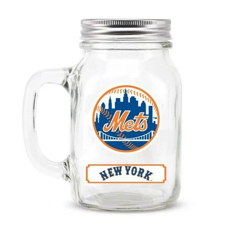 NEW YORK METS MLB 20 OZ MASON JAR GLASS WITH LID FRONT / BACK LOGO Cover