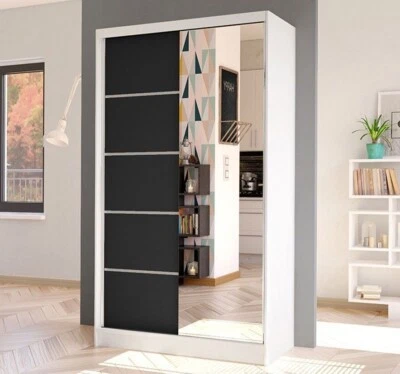 Wardrobe 100cm with Sliding Doors Mirror Hanging Rail Shelves New DIEGO III - Image 1 of 3