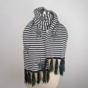 Women's Knit Scarf Black Striped Metallic Stars Fringe - Picture 1 of 8