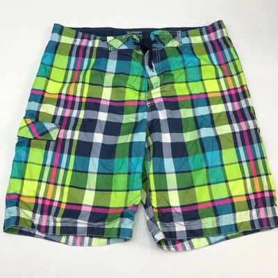 Old Navy Swim Trunks Mens 2XL XXL Blue Navy Green Pink Lace Tie Mesh Lined Plaid - Image 1 of 4