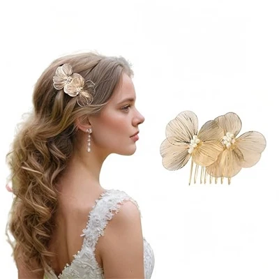 Gold Flower Metal Hair Side Combs - Hair Combs for Women - Decorative Floral - Image 1 of 4
