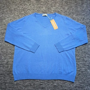 Woolovers Jumper Mens XL Lake Blue Cashmere & Merino Classic V Neck Knitted New - Picture 1 of 8