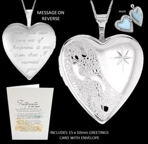 Footprints in the Sand Photo Locket 19mm Wide 18" Curb Chain 925 Sterling Silver - Picture 1 of 8